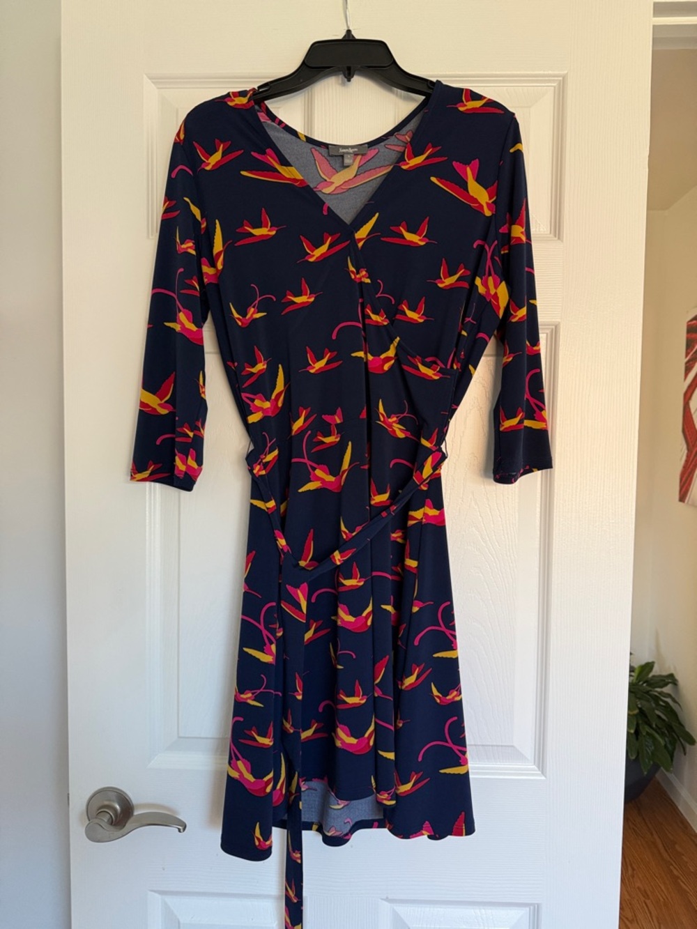 Neiman Marcus Navy Midi Wrap Dress with Pink & Yellow Bird Print